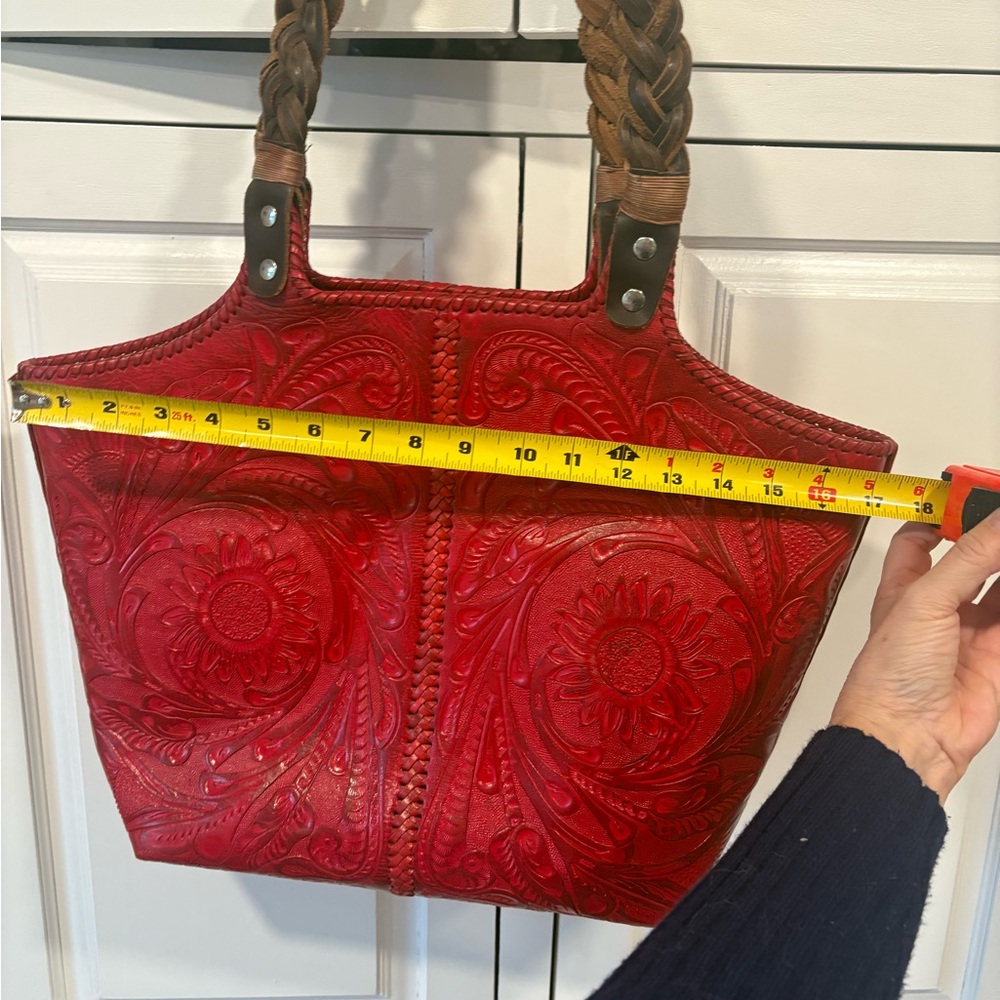 Alejandro Yeo Red Leather Hand Tooled Handbag Tote Like NEW - Picture 14 of 16
